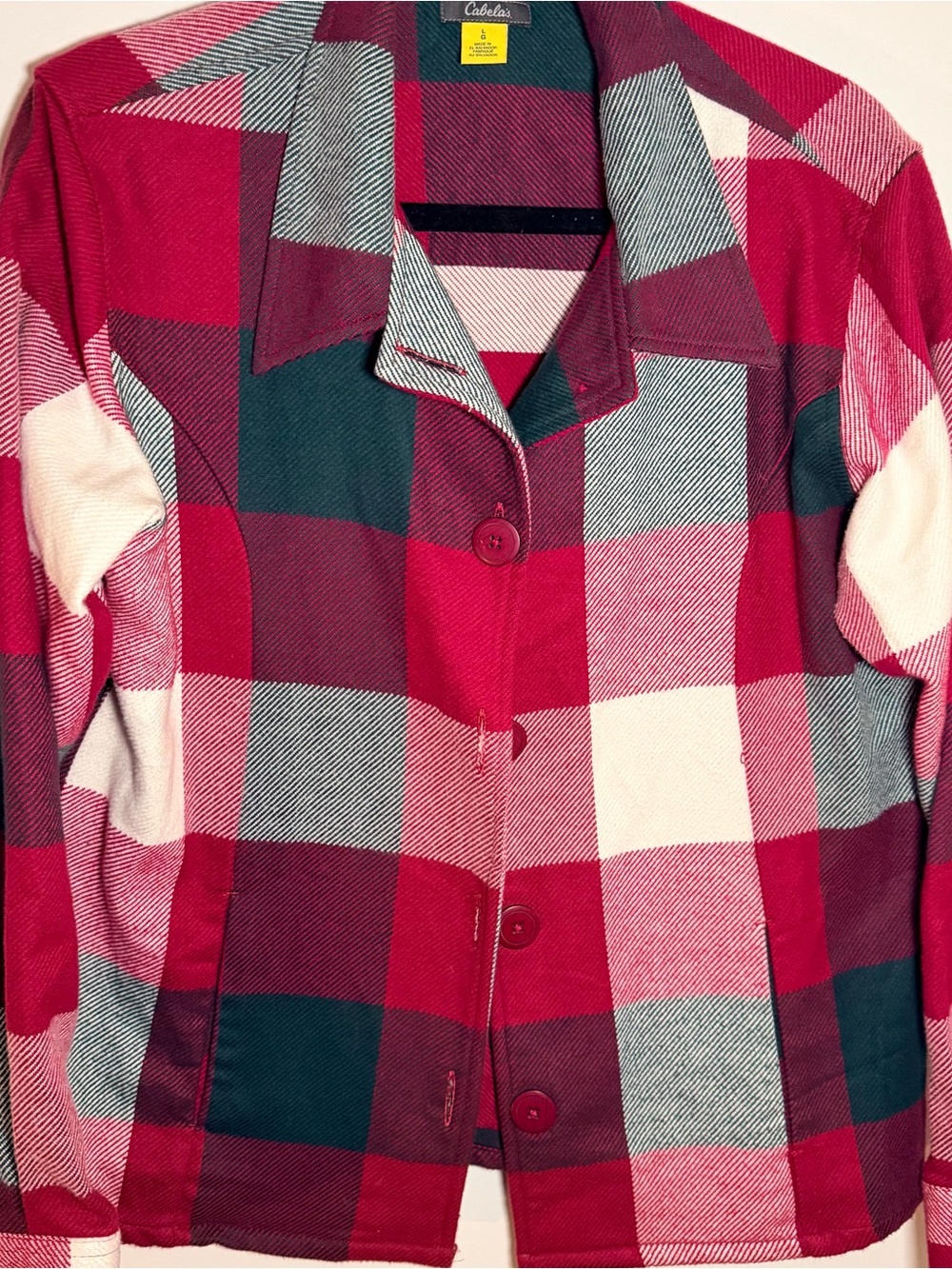 Cabelas Womens Large Plaid Jacket Red Green Button Front Flannel Shacket L